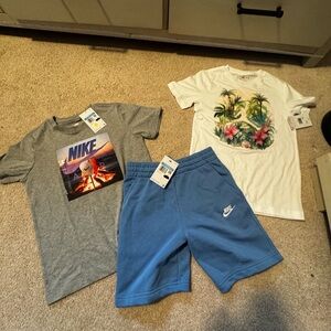 Nike Gray Graphic Tee and Blue Shorts with White Tropical Tee
